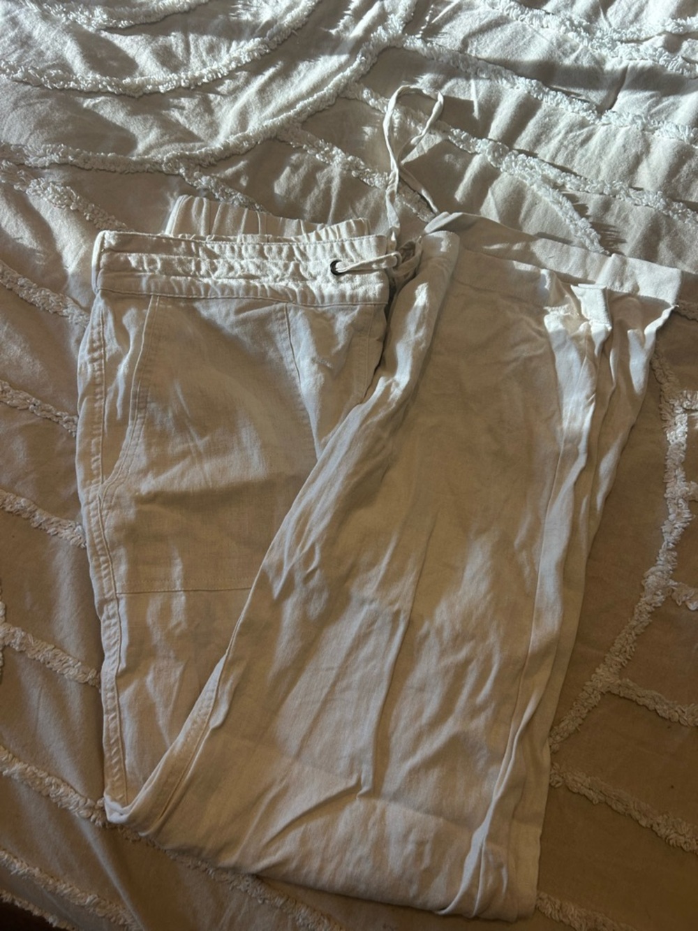 Casual Cream Linen Drawstring Pants - Picture 5 of 6